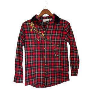 Casey & Max Poinsettia Embroidered Red/Black Plaid Women's Shirt Sz S Small